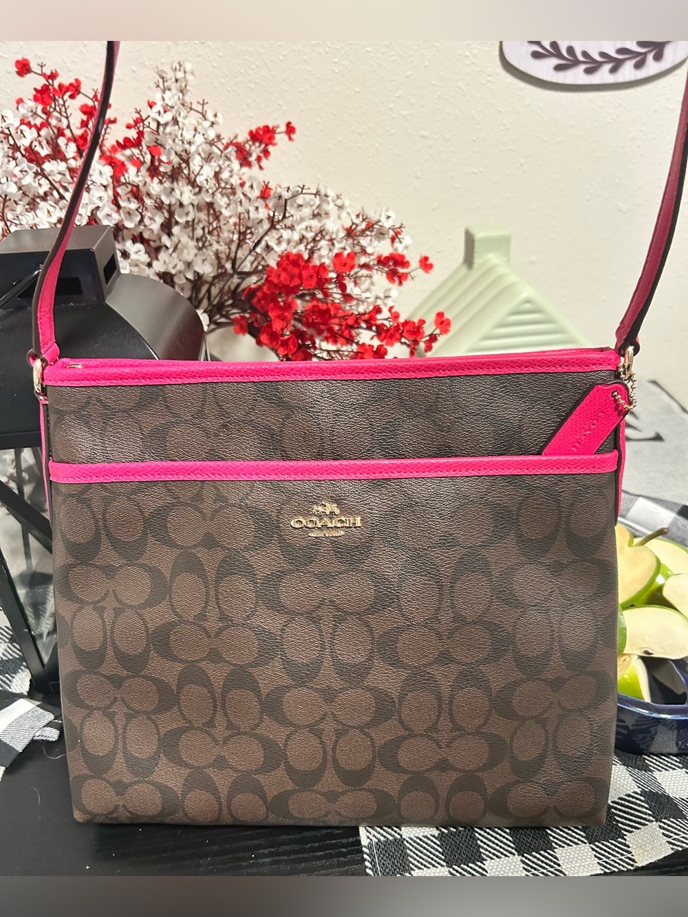 Coach Brown Signature File Bag Crossbody with Bright Fuchsia Trim